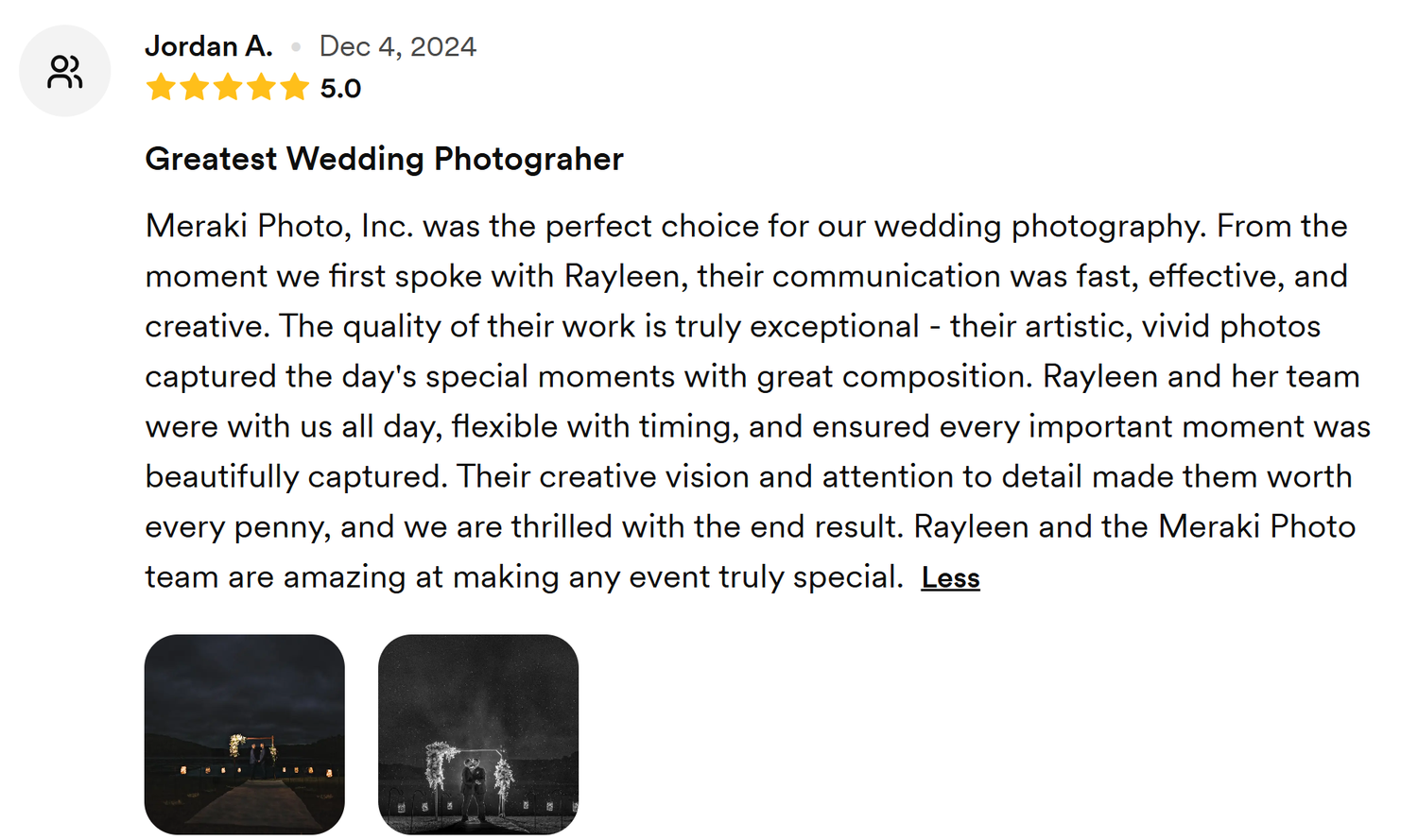 Two black and white wedding photos side by side in a customer review showing indoor and outdoor settings.