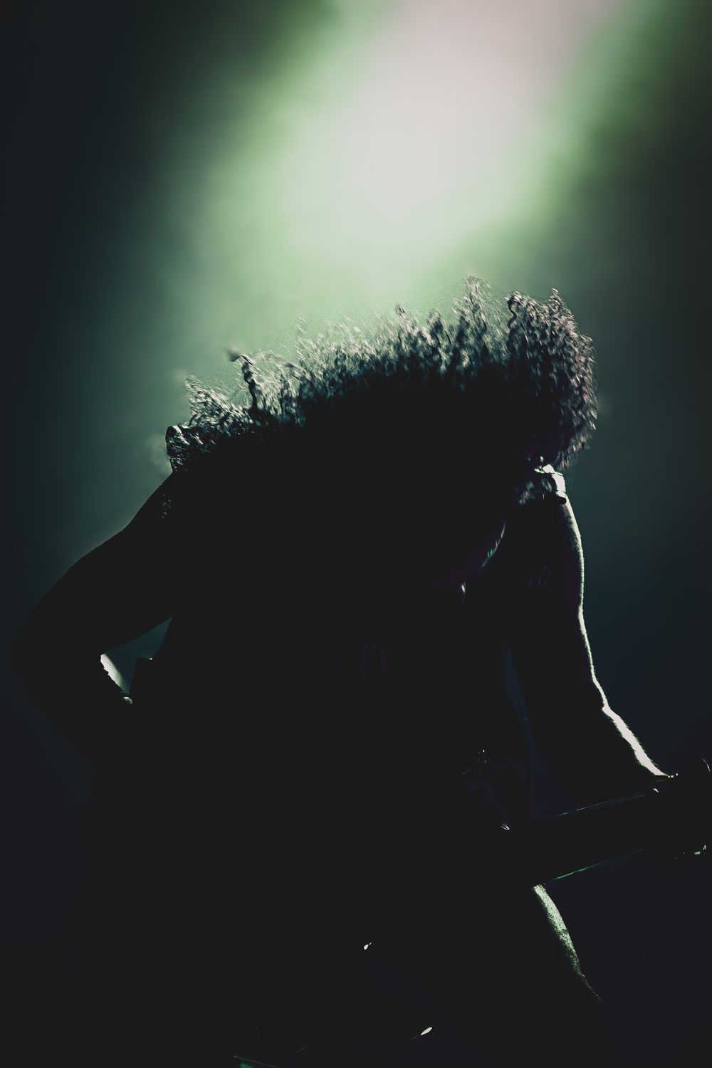 Silhouetted profile against green stage lighting creates dramatic concert atmosphere.