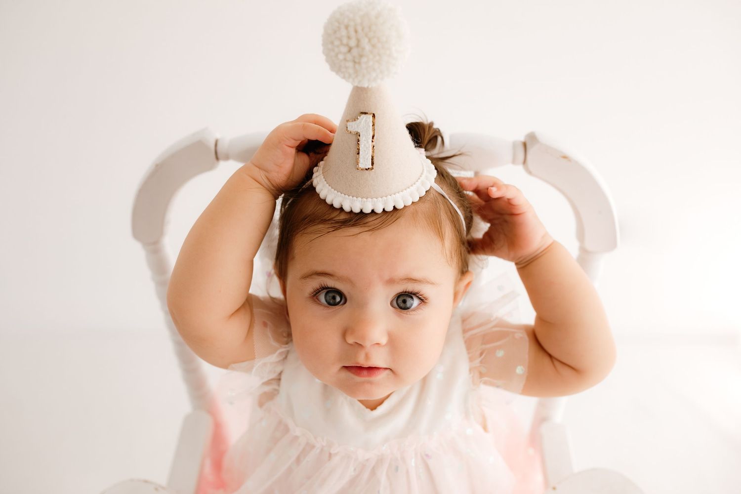 Baby wearing pink tulle dress and crown poses for first birthday portraits.