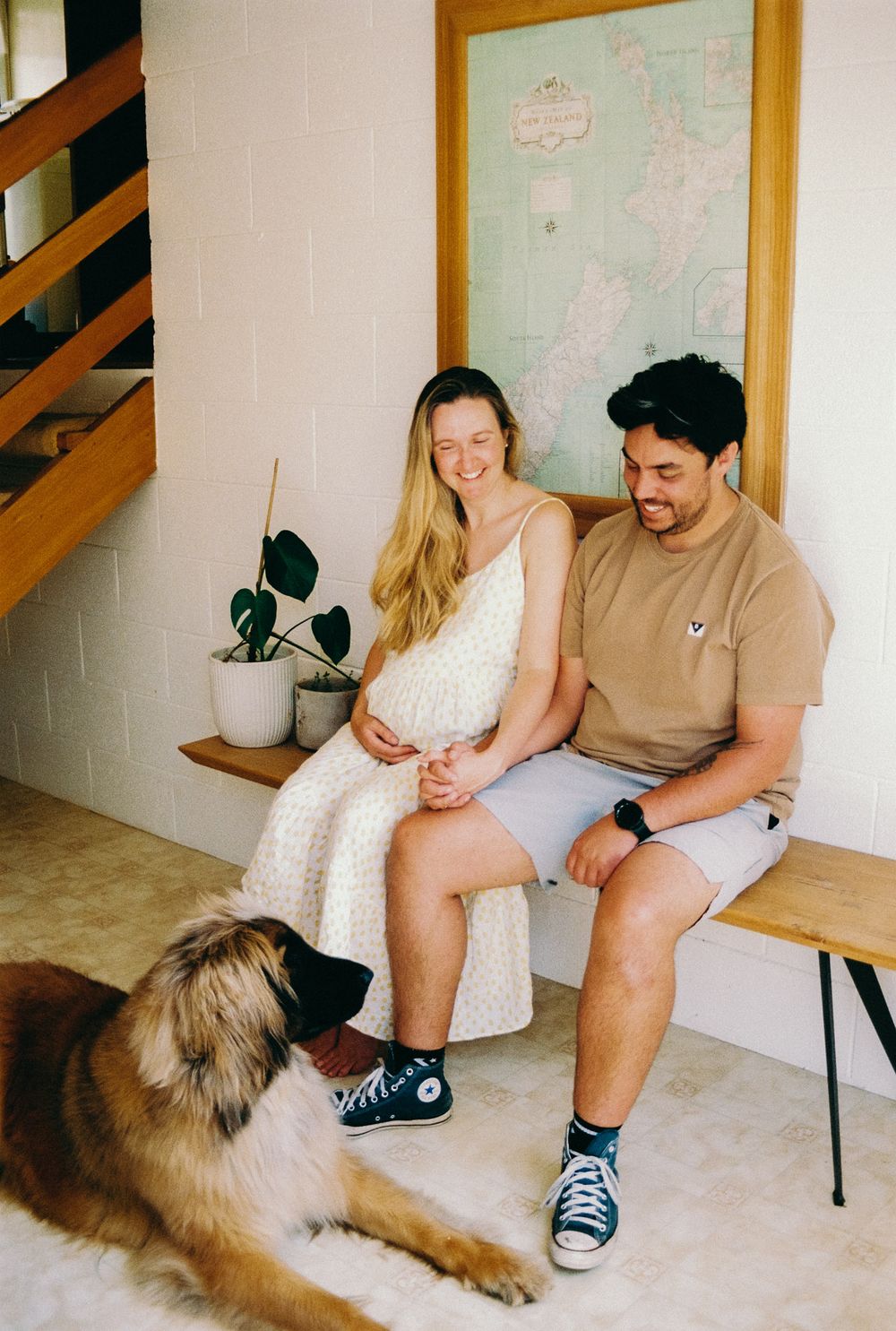 A couple sits together on stairs while their fluffy brown dog lies nearby in a series of candid moments.