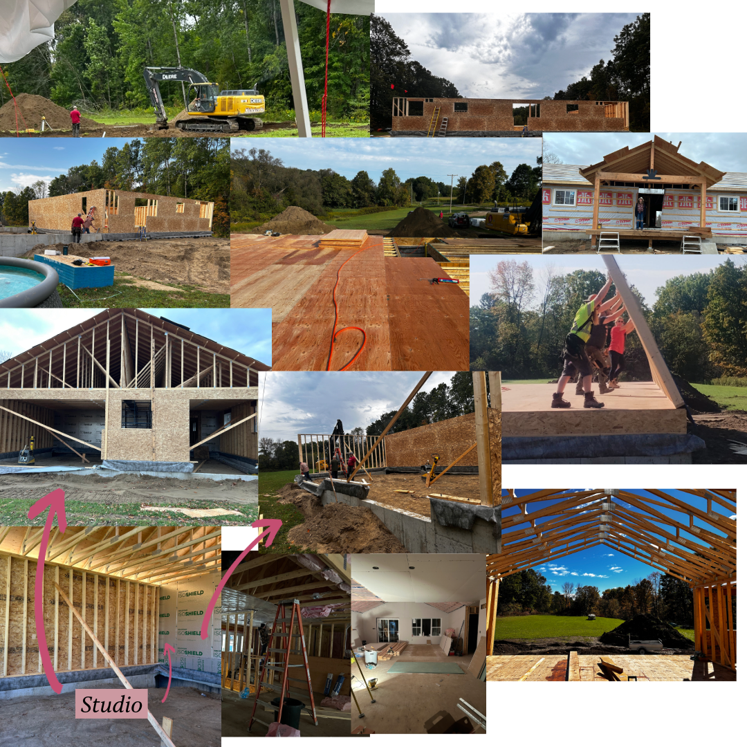 Construction site showing multiple progress photos of a residential building project with wood framing and foundation work.