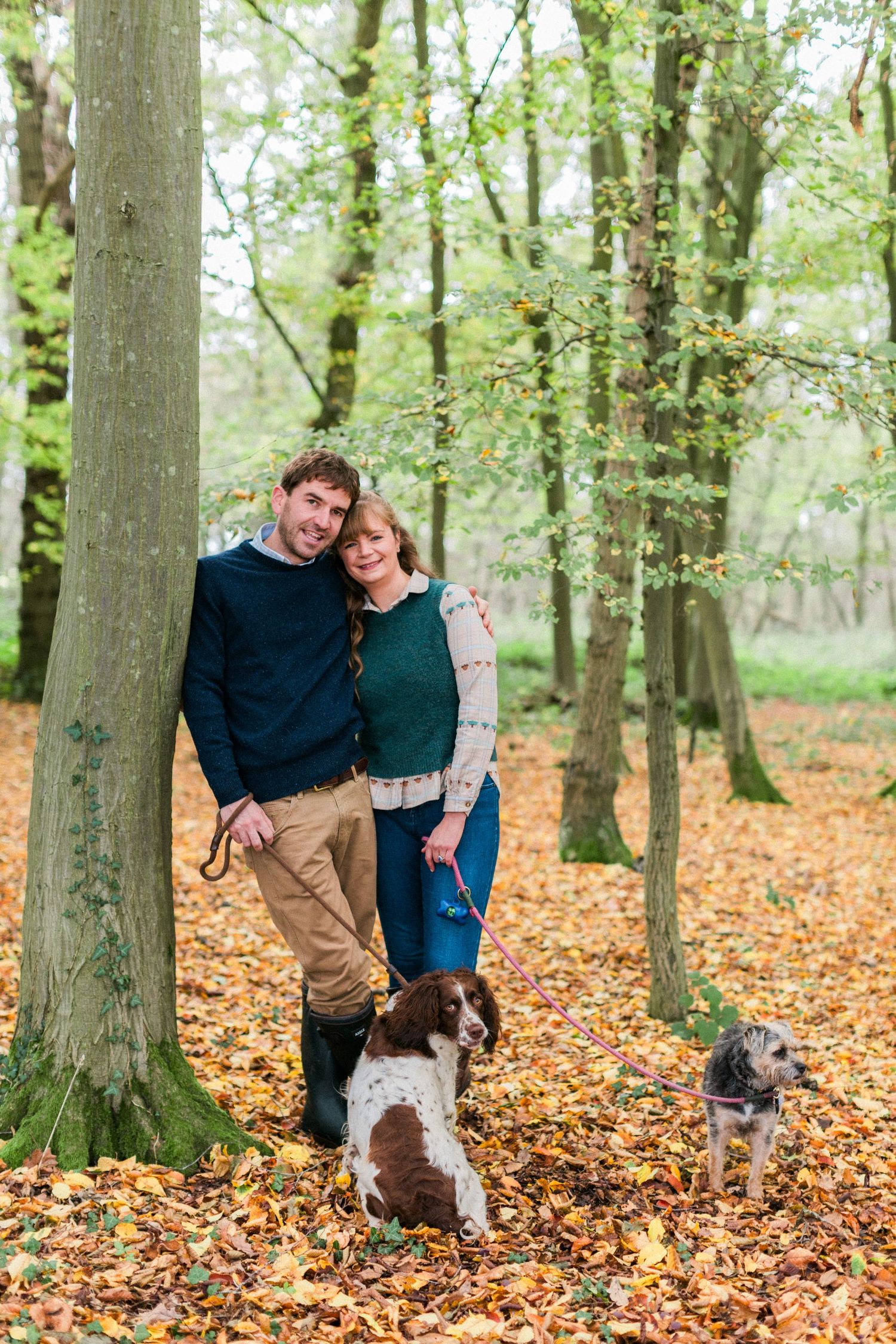A romantic autumn engagement photo series showing a couple in a forest with their dogs soft golden light and fall foliage. Hayley Elizabeth
