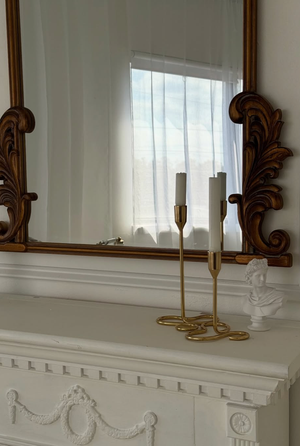 Ornate white wall trim with decorative molding and gold-framed mirrors in an elegant interior design.