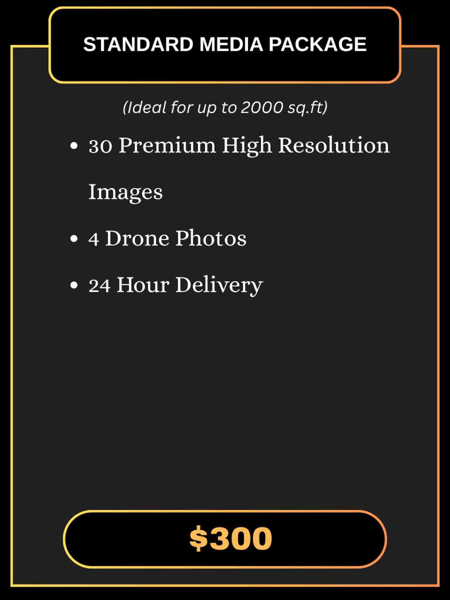Standard media package details for real estate photography services with drone photos and pricing.