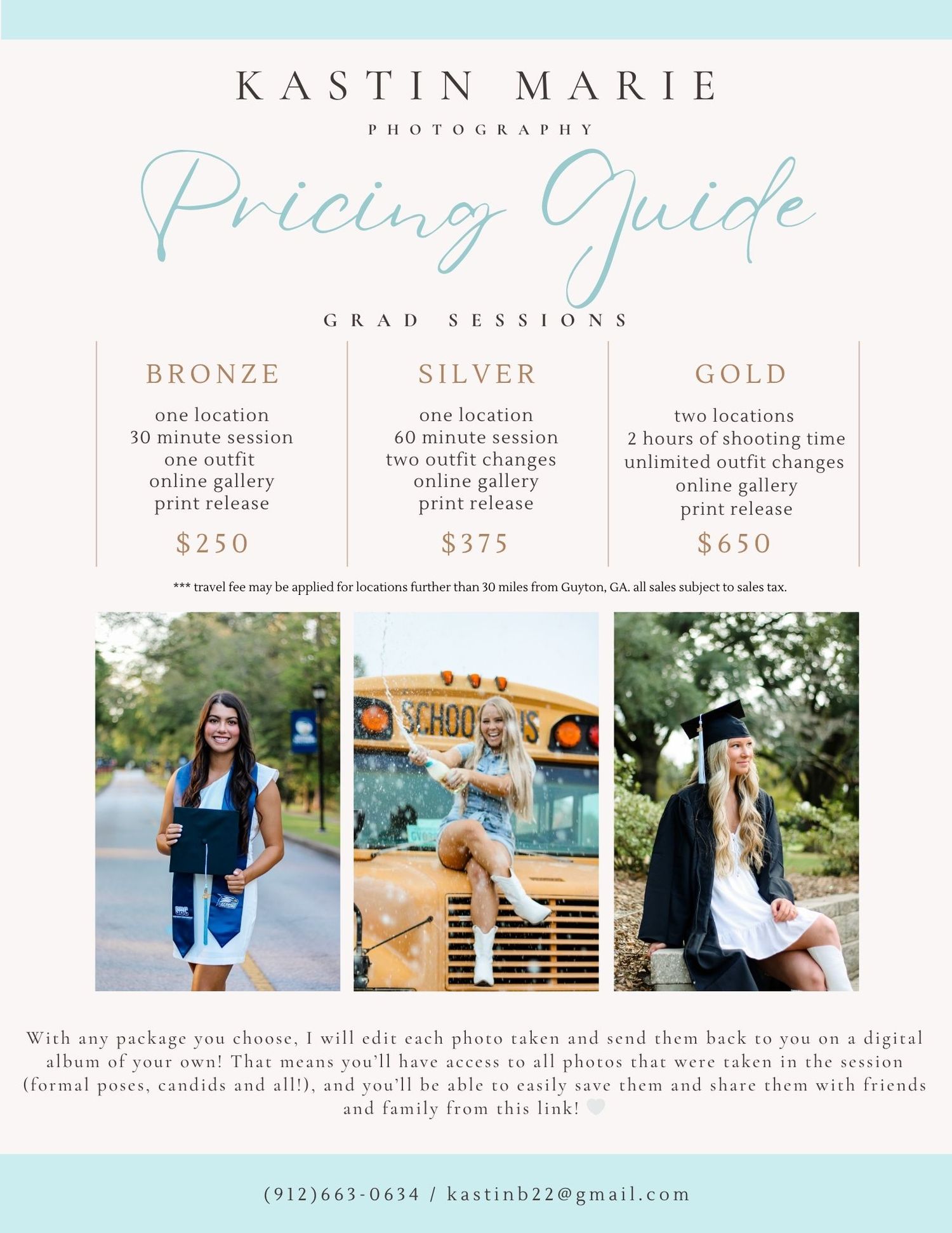 Photography pricing guide showing three tiers - bronze, silver, and gold packages with pricing and session details.