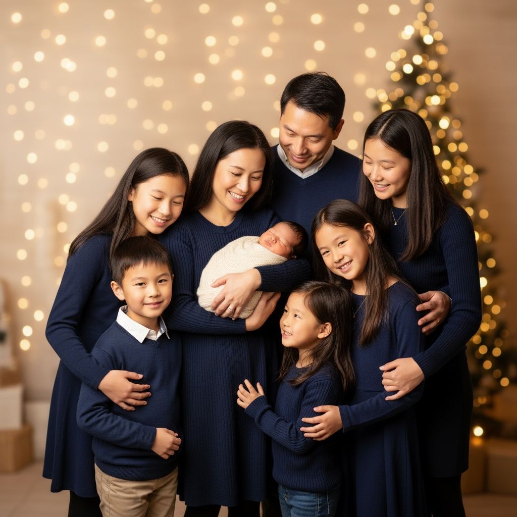 Family wearing coordinated navy outfits laughs together in front of glowing Christmas lights and holiday decor.