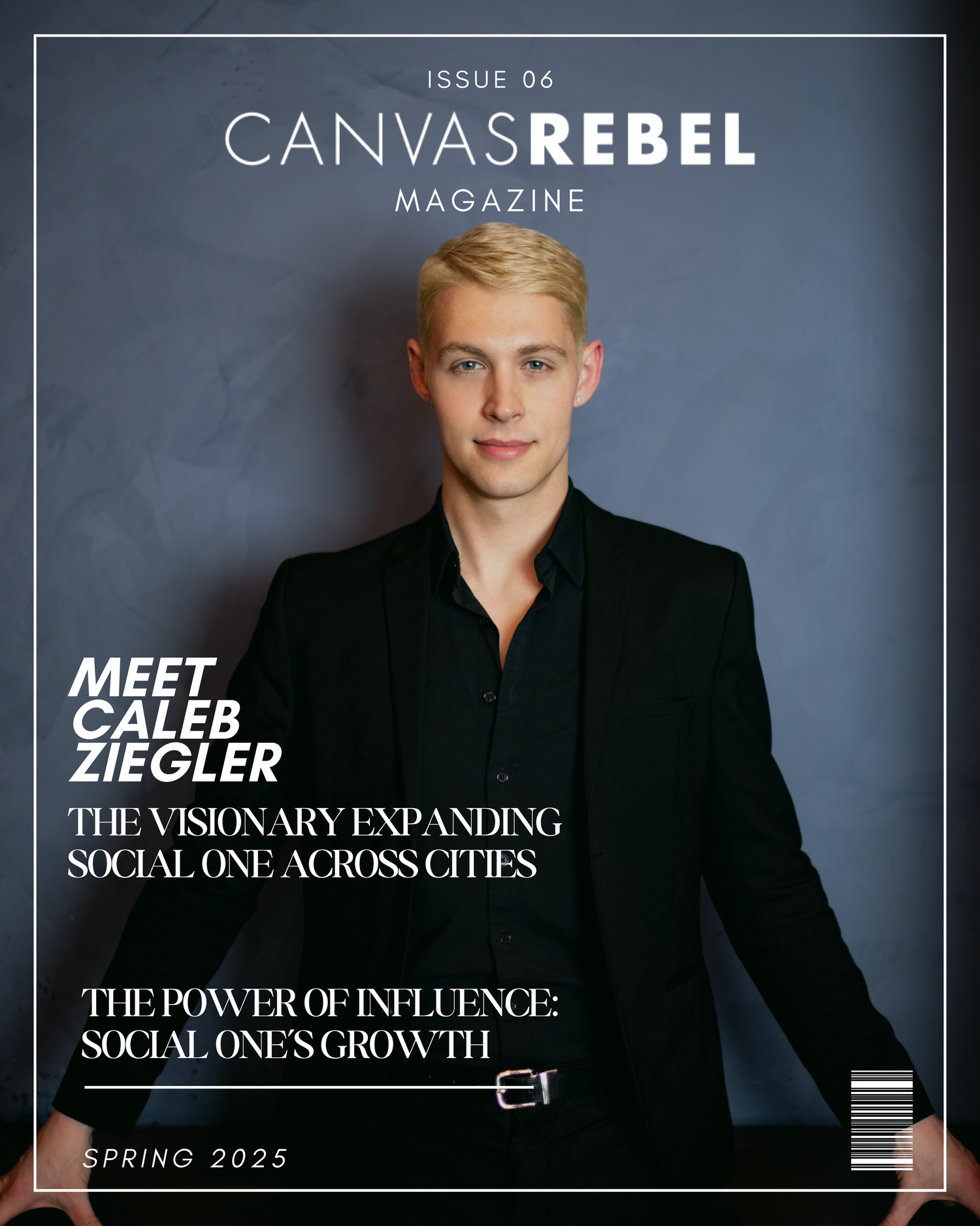A series of four magazine covers with dark backgrounds showcasing a modern minimalist design layout for Canvas Rebel Magazine.