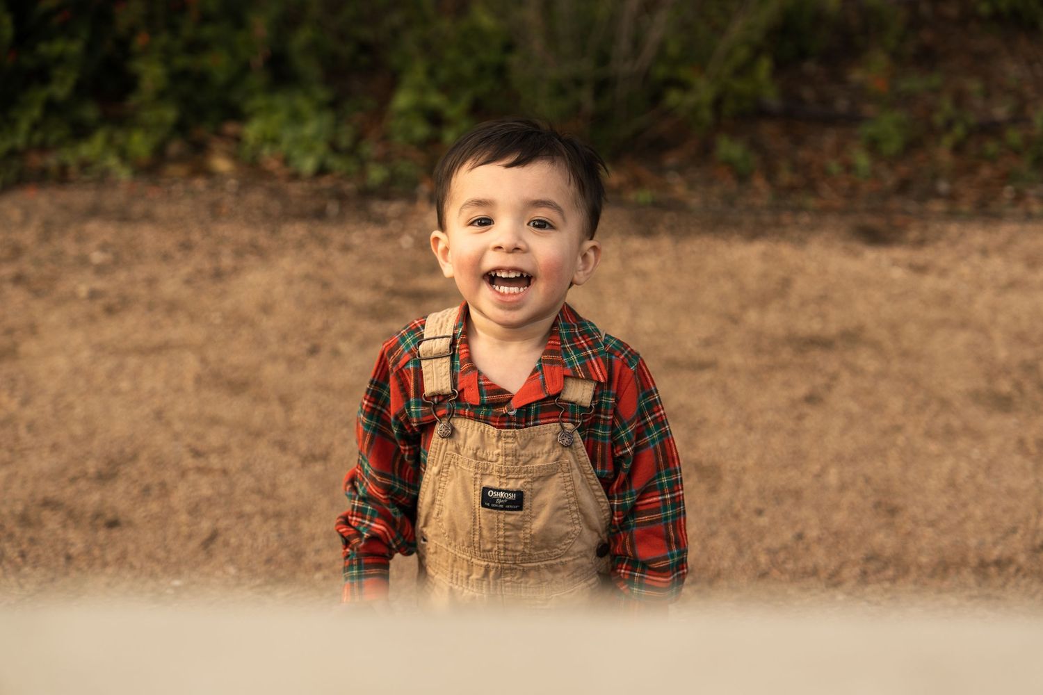A child in a plaid shirt and overalls smiles while playing outdoors in autumn.