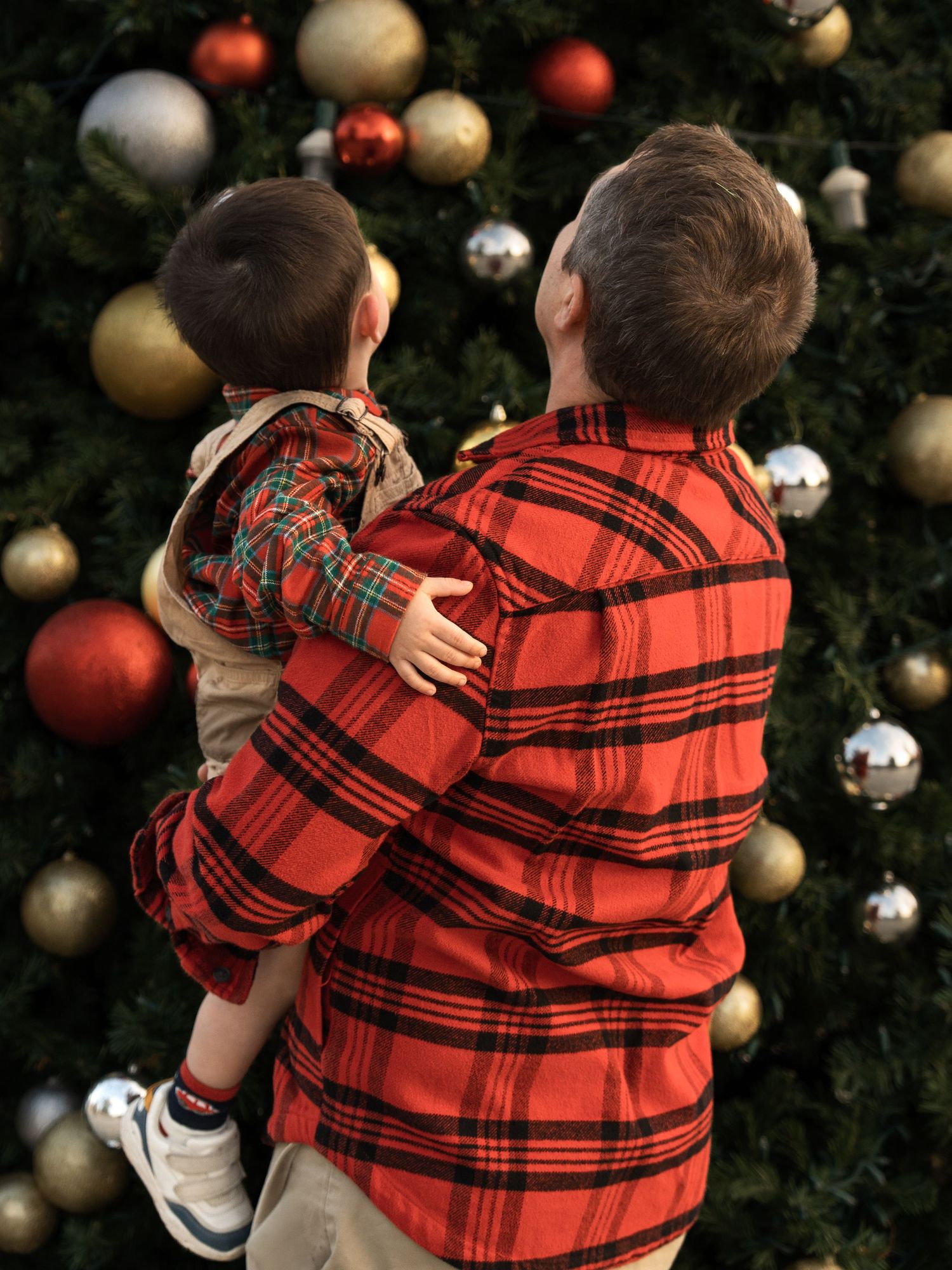 Two people wearing matching red plaid shirts embrace while looking at a Christmas tree decorated with gold and red ornaments.