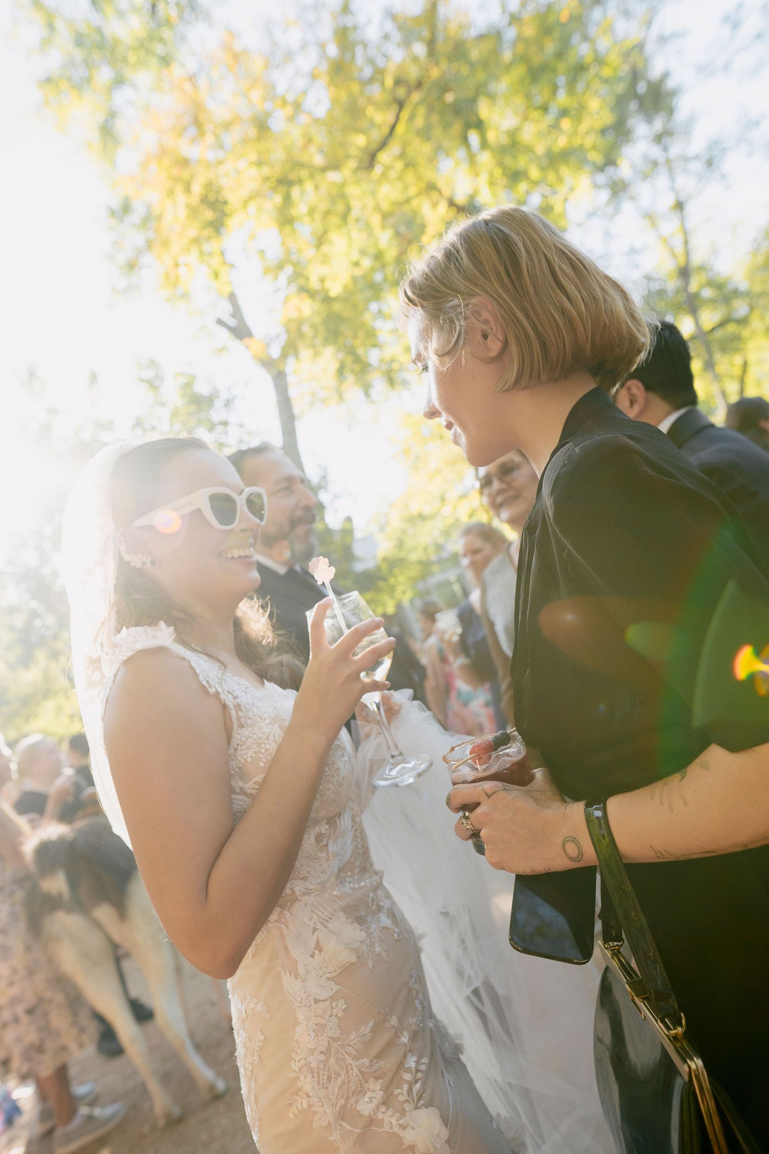 oyful outdoor wedding reception with guests celebrating under sunlit trees and raising champagne glasses during a luxury destination wedding