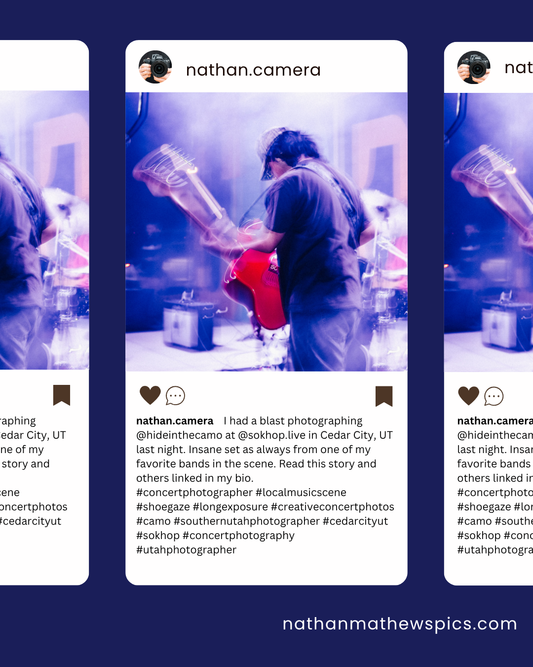 Series of social media posts showing photography website layouts and design elements with blue and purple tones.