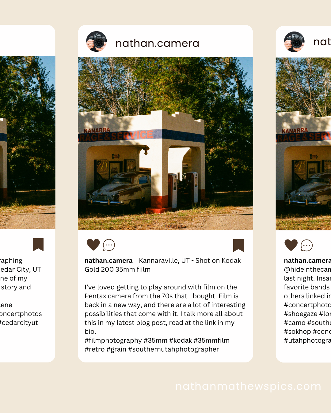 A series of Instagram-style photo posts showing outdoor scenes with buildings and trees in natural lighting.