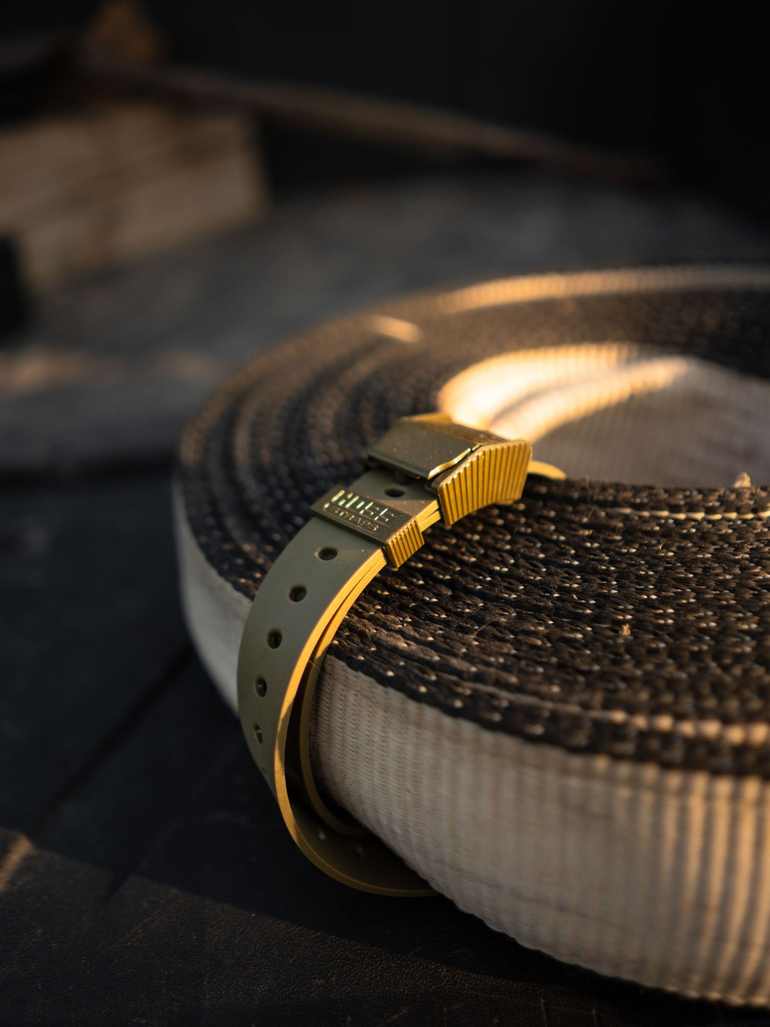 Close-up of a gray and gold camera strap with textured pattern.
