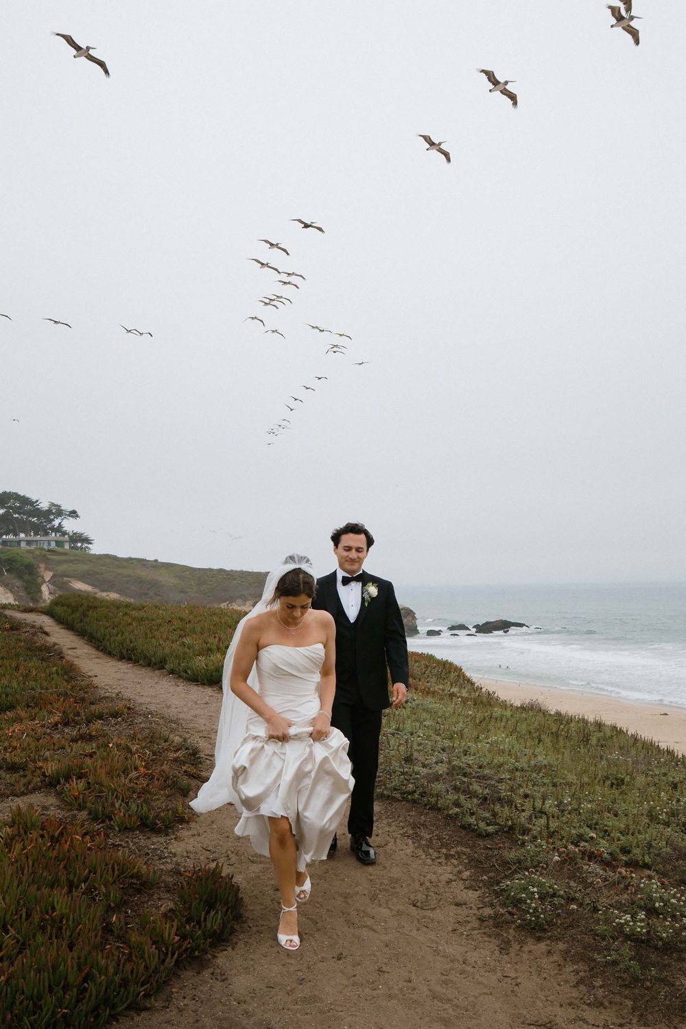 Seabirds soar above a coastal trail as a couple in formal attire walks along the cliff edge.