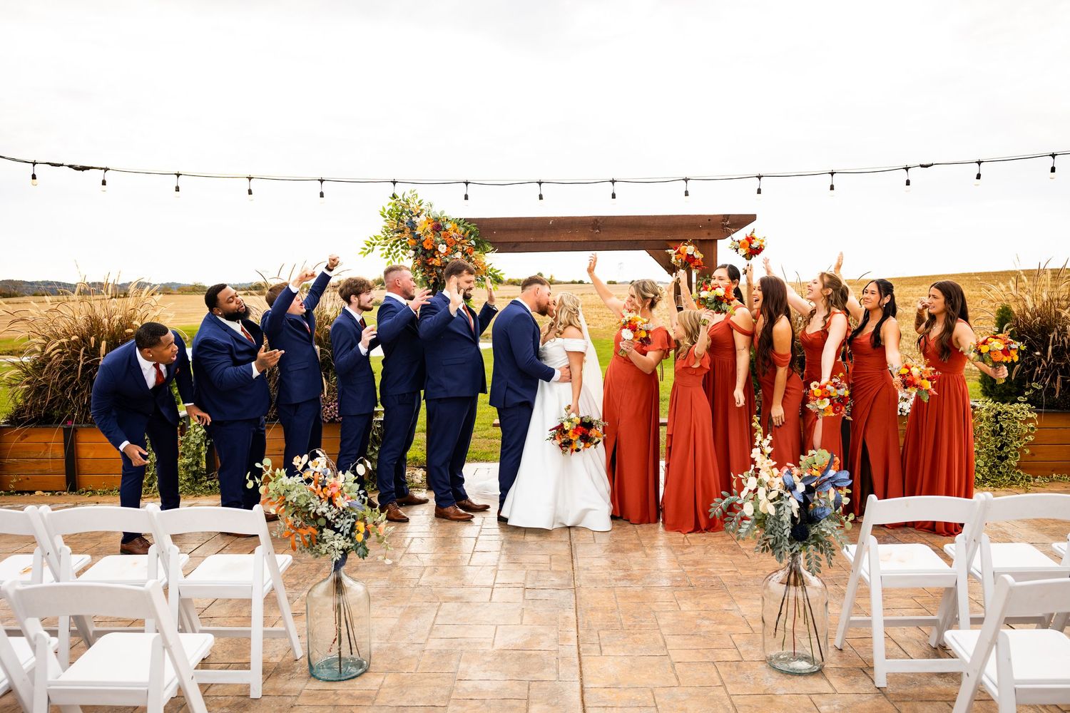 A panoramic collage of an outdoor wedding ceremony and reception with white chairs and coral bridesmaid dresses.