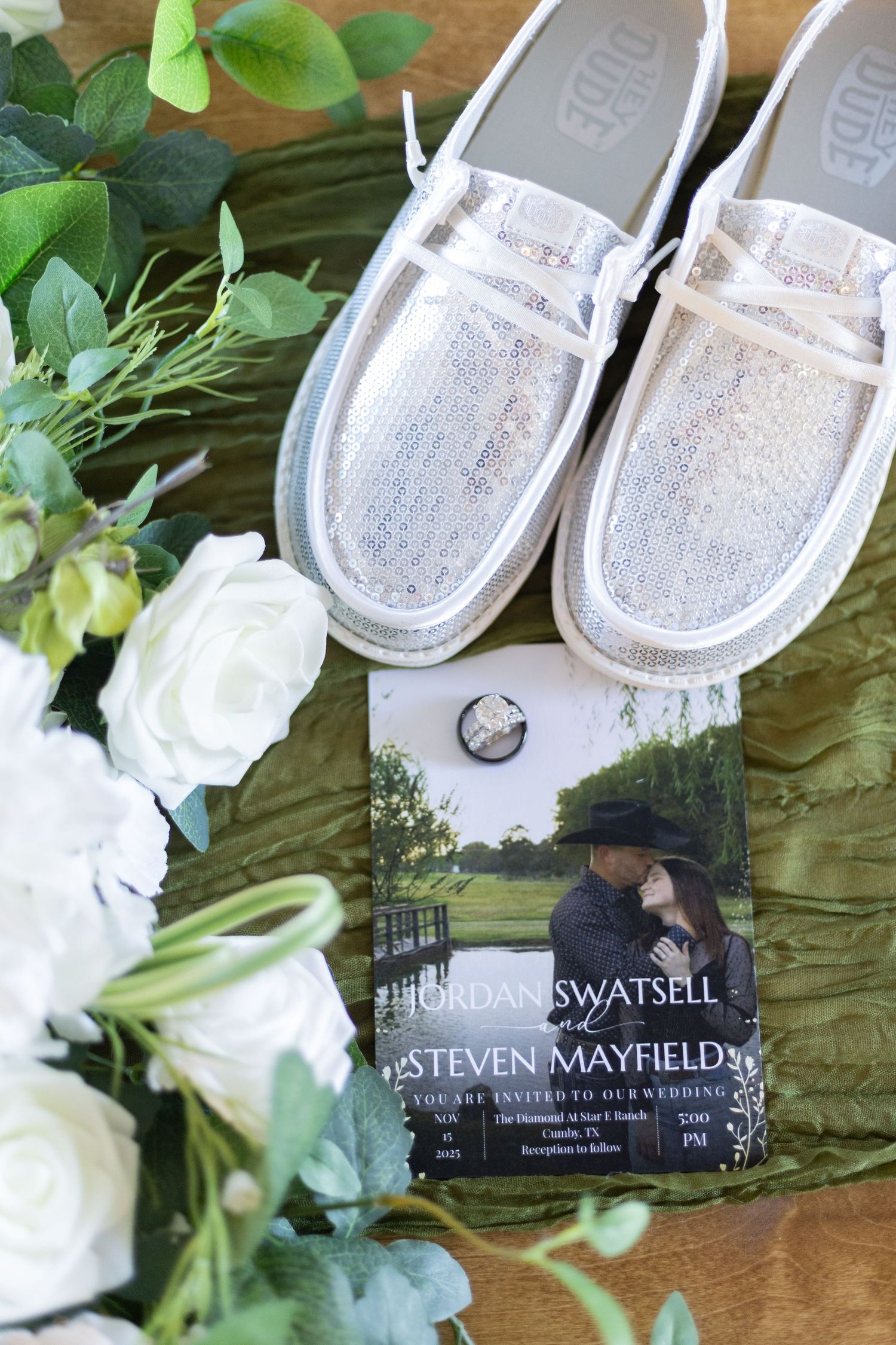 wedding details with silver sparkly Hey Dudes
