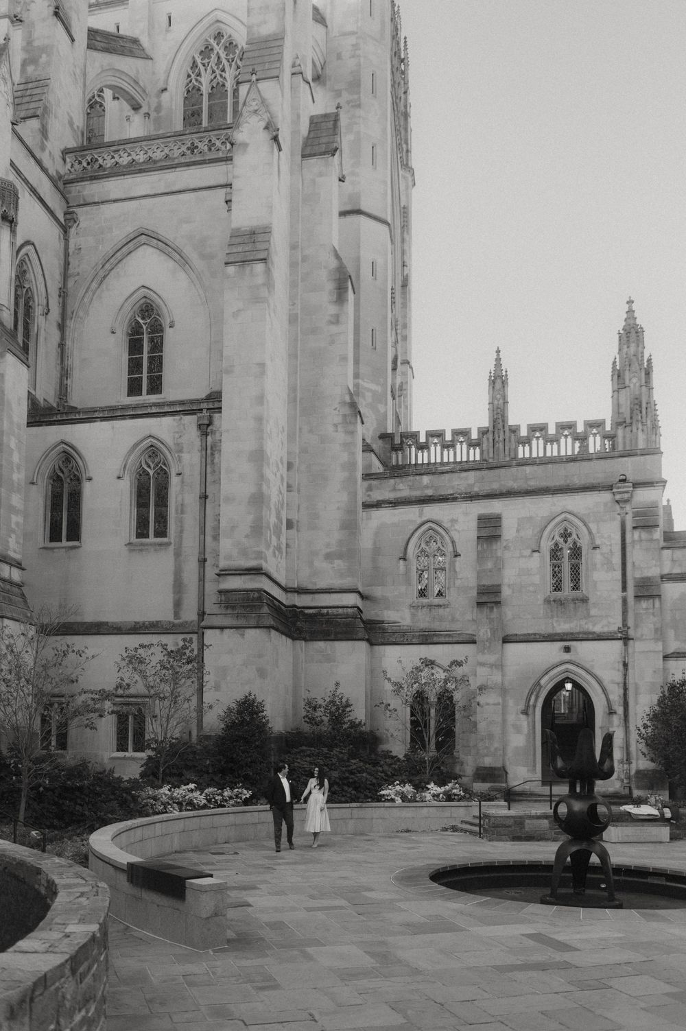 Gothic church exterior with stone architecture and arched windows shown in black and white sequence.