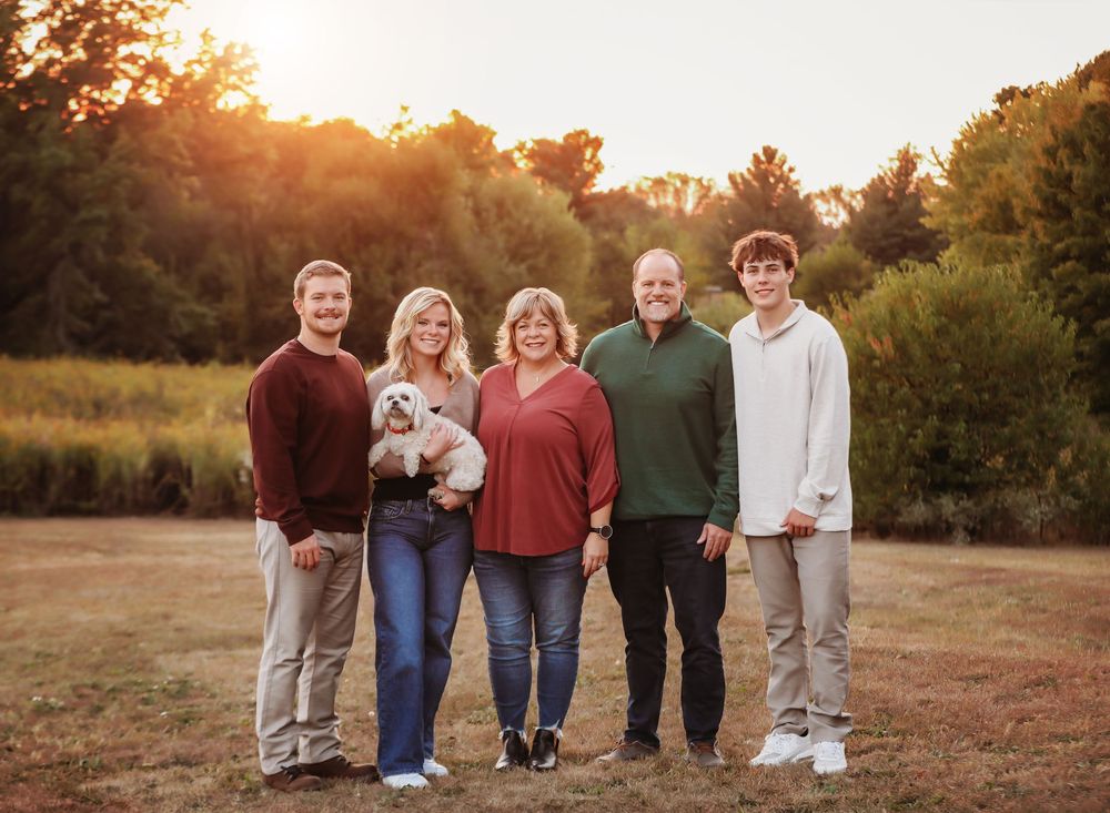 A collection of outdoor family lifestyle photography sessions showing candid moments at sunset and in natural settings.