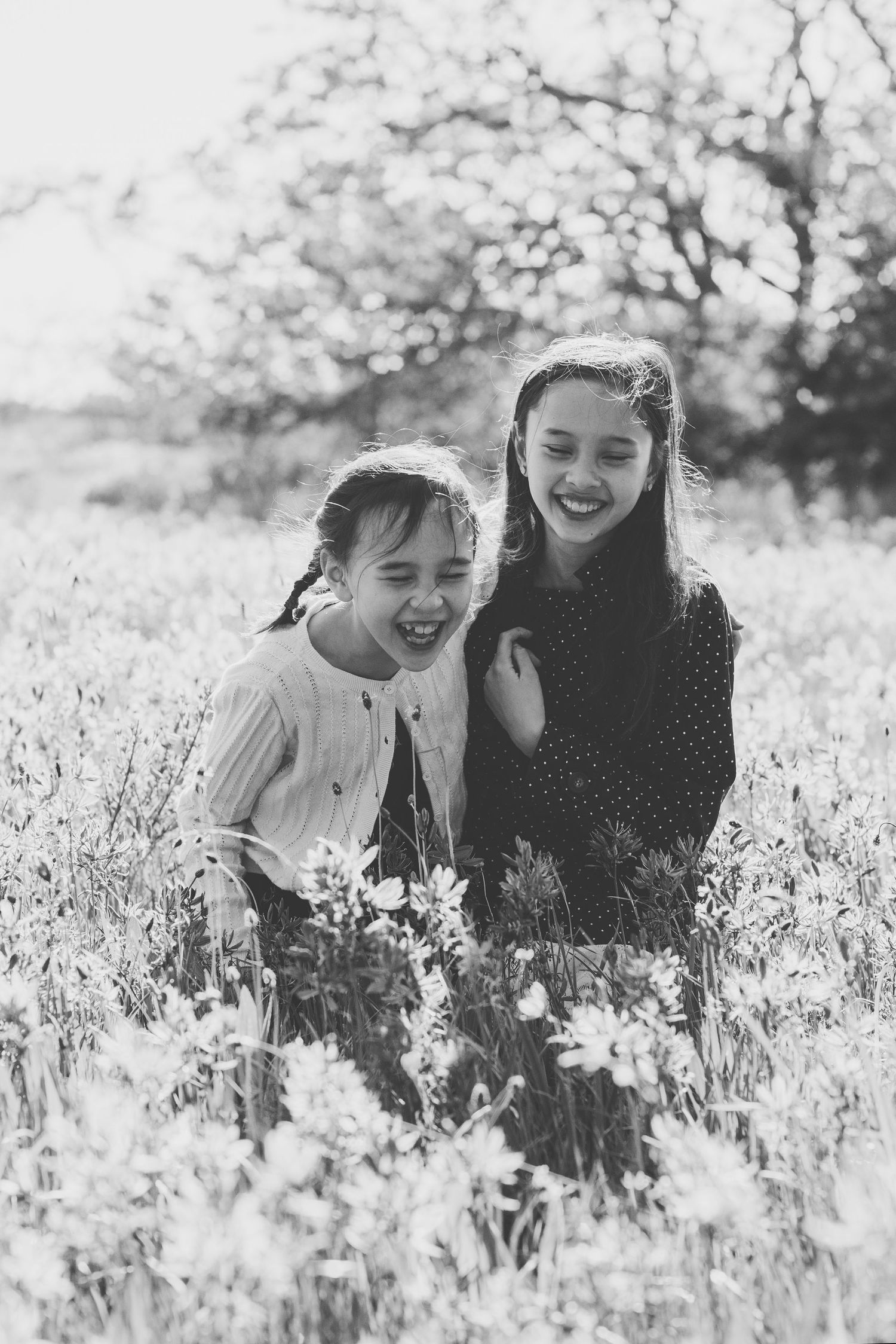 A black and white photo of joyful sisters sharing laughter while sitting together in a blooming wildflower meadow.