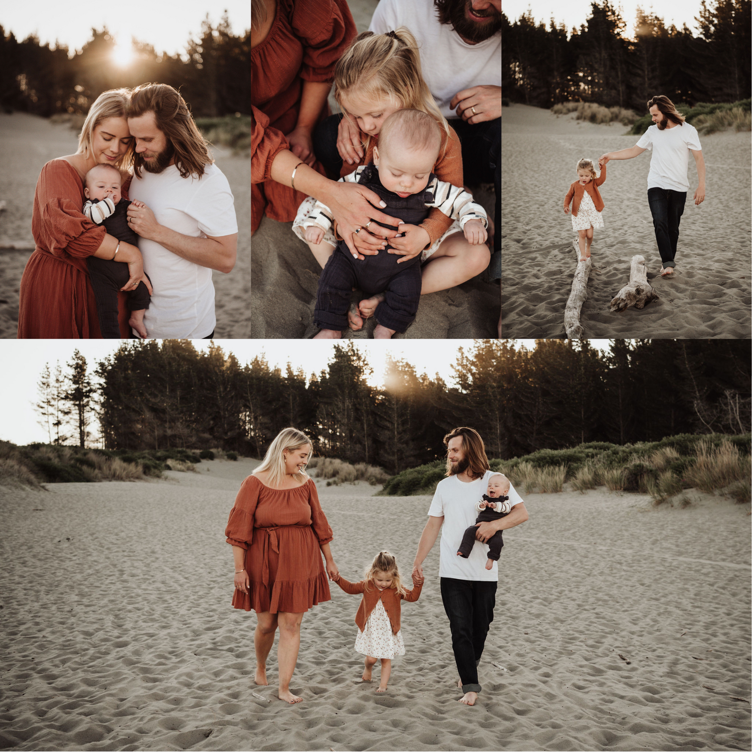 Collection of candid beach family photos showing tender moments at sunset.