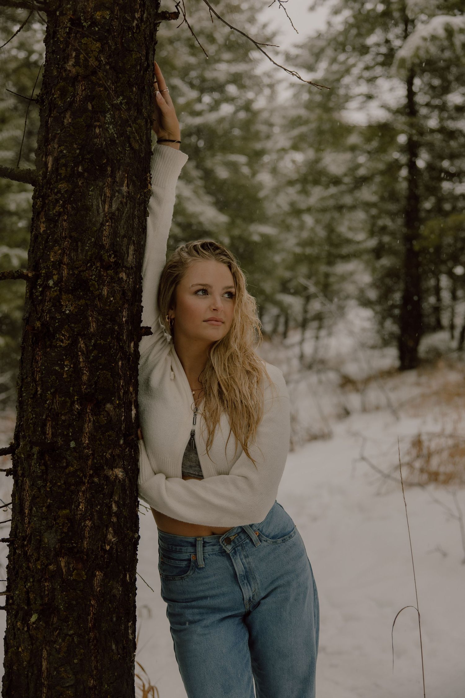 Person leaning against a tree trunk in winter forest wearing cream sweater and blue jeans.