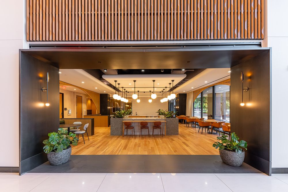 Modern commercial hallway with wooden wall panels, recessed lighting and polished flooring creates an elegant atmosphere.