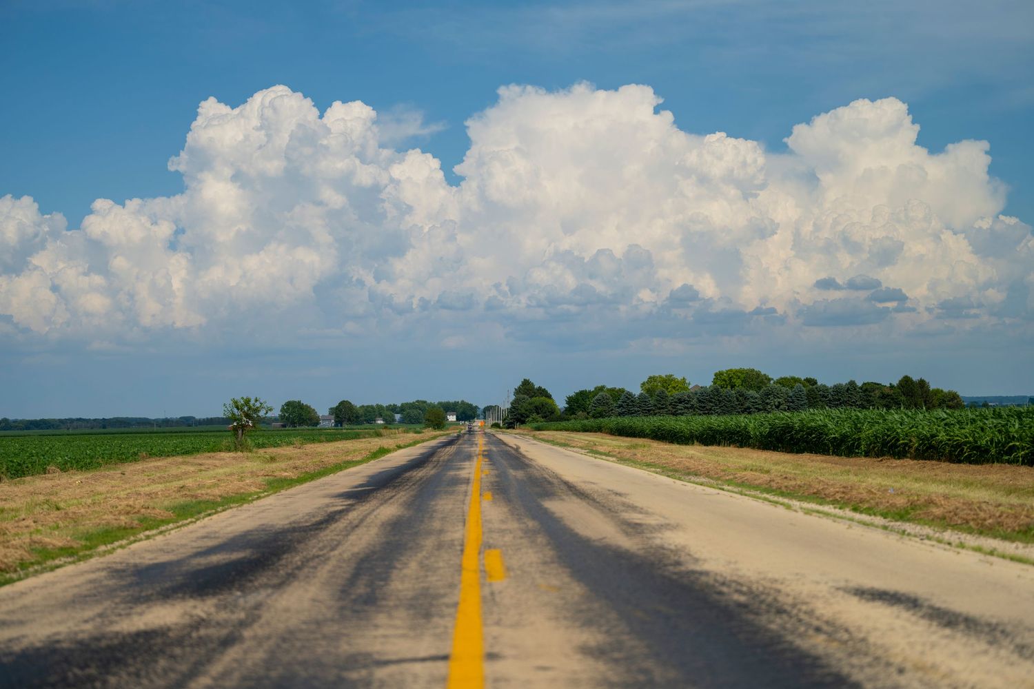 A straight rural road with a yellow center line stretches toward the horizon under dramatic white cumulus clouds.