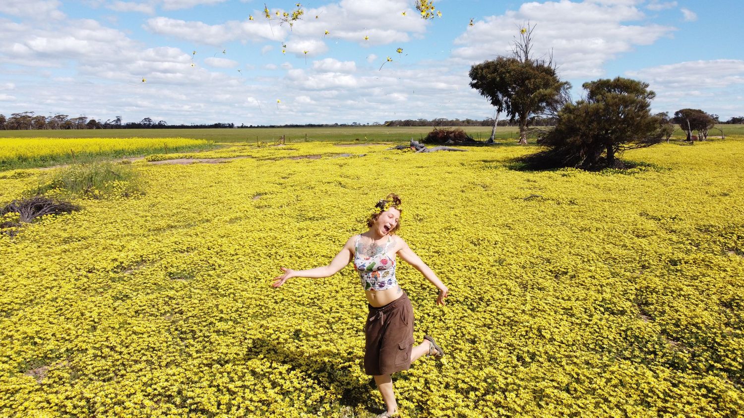 Someone stands joyfully in a vast yellow field of wildflowers under a blue cloudy sky with scattered trees in the distance.