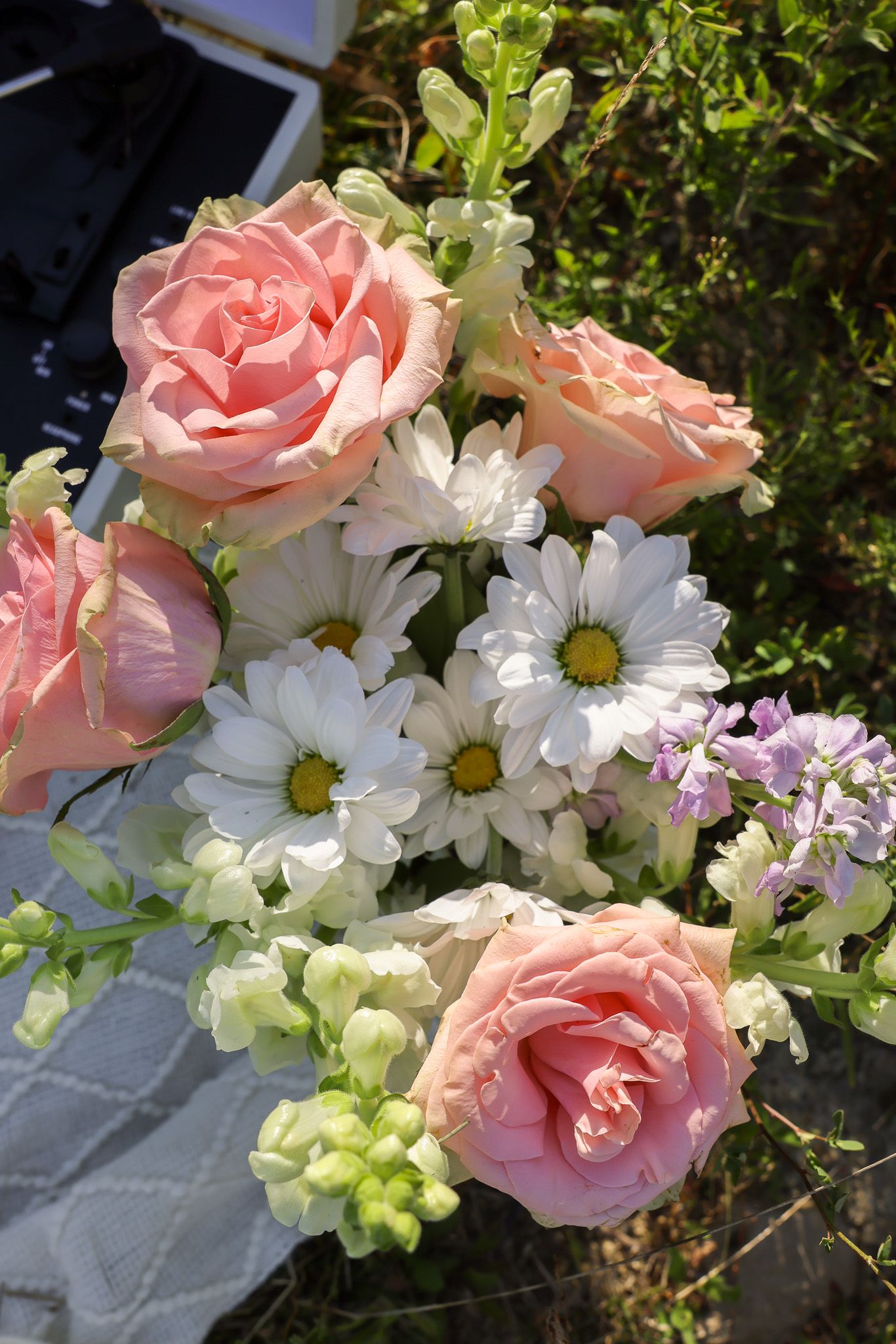 Beautiful arrangement of pink roses and white daisies in soft natural lighting.