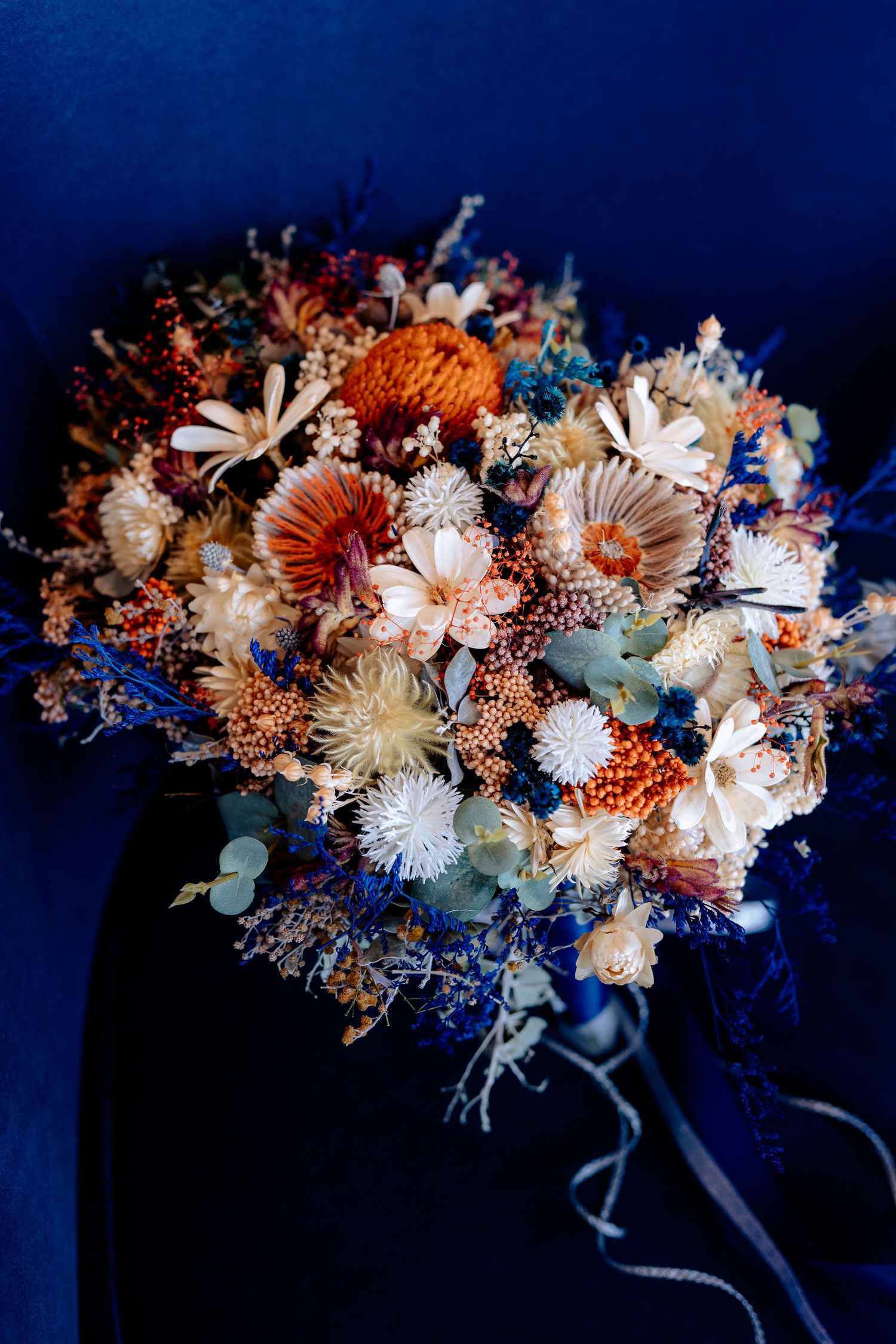 A stunning dried flower bouquet with orange, white and blue blooms arranged against a dark navy blue background.