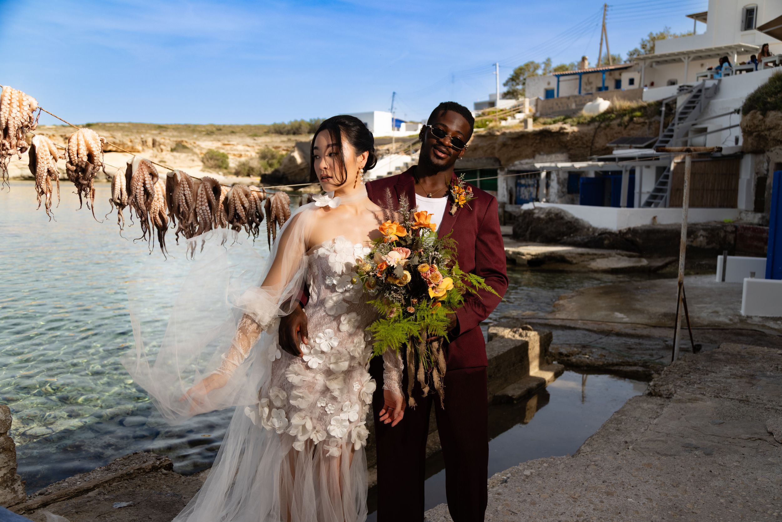 A series of coastal wedding photos showing romantic moments by the sea at sunset with scenic Mediterranean views.