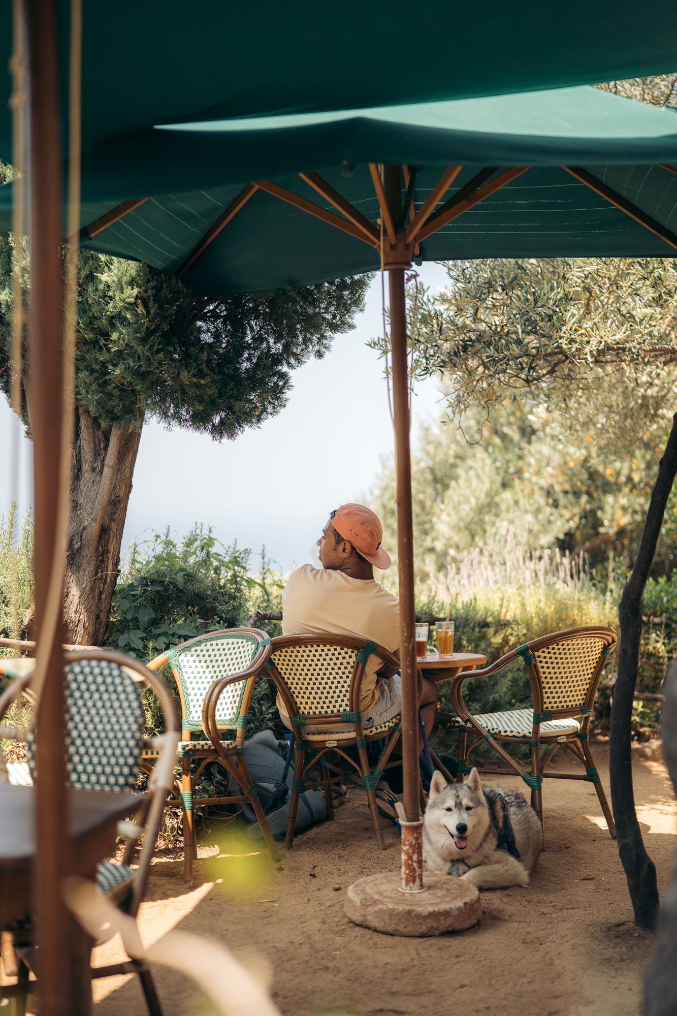un homme et son chien à la terrasse du restaurant a casarella à pigna