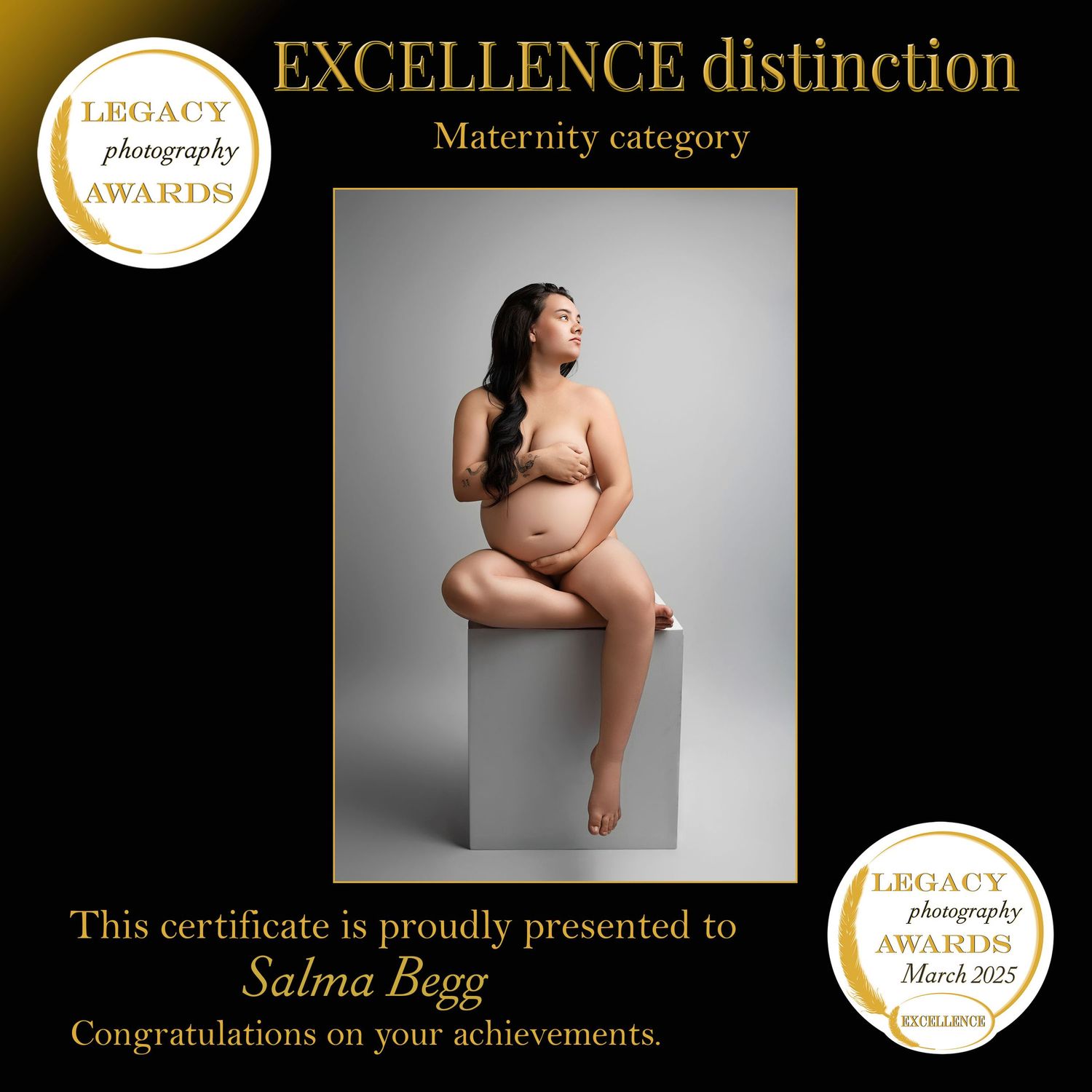 A collection of artistic maternity photos and award certificates displayed in a horizontal gallery format with gold accents. maternity, ipsw