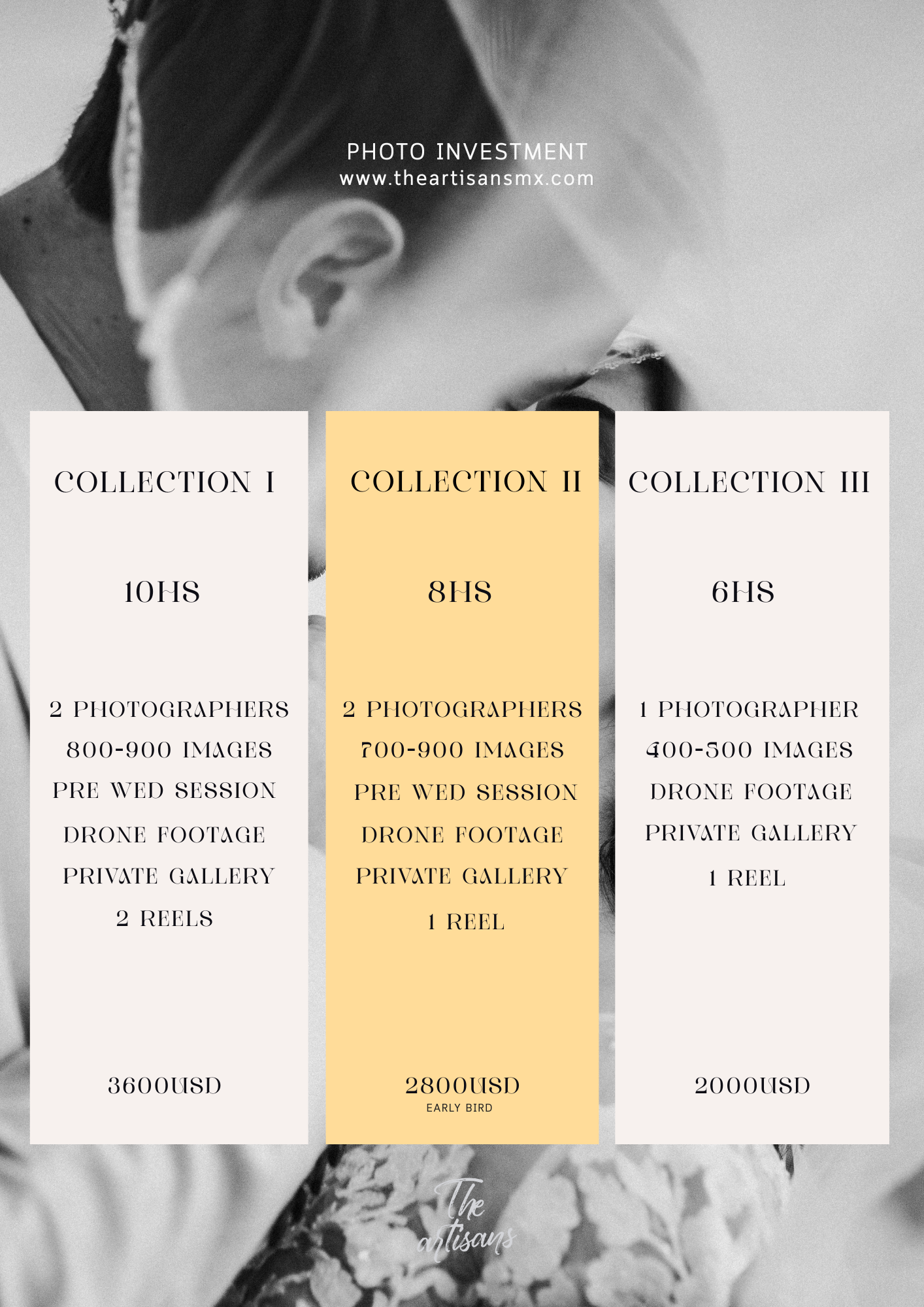 A minimalist wedding photography pricing menu layout with collection options and investment details in black and peach colors.