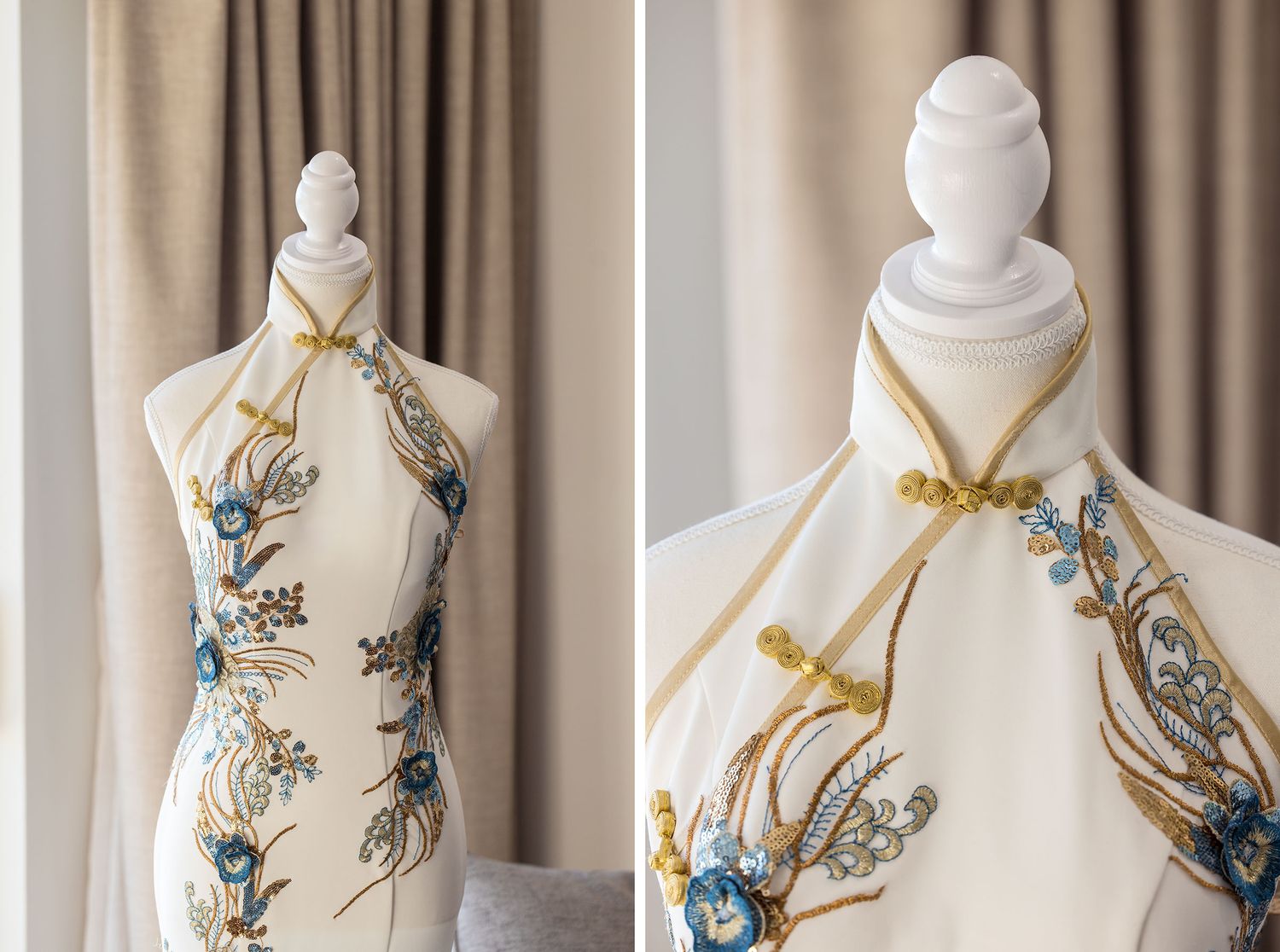 Elegant white dress form mannequin displaying delicate blue floral embroidery and gold Chinese-style frog closures.