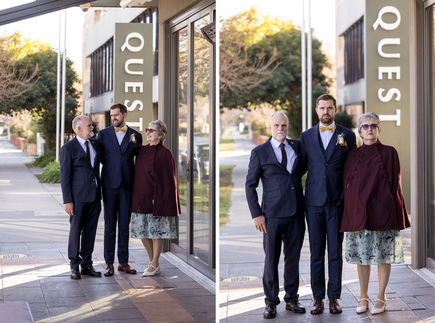 A Groom with his parents in formal attire stand together outside a modern storefront with 'Quest' signage in natural lighting.