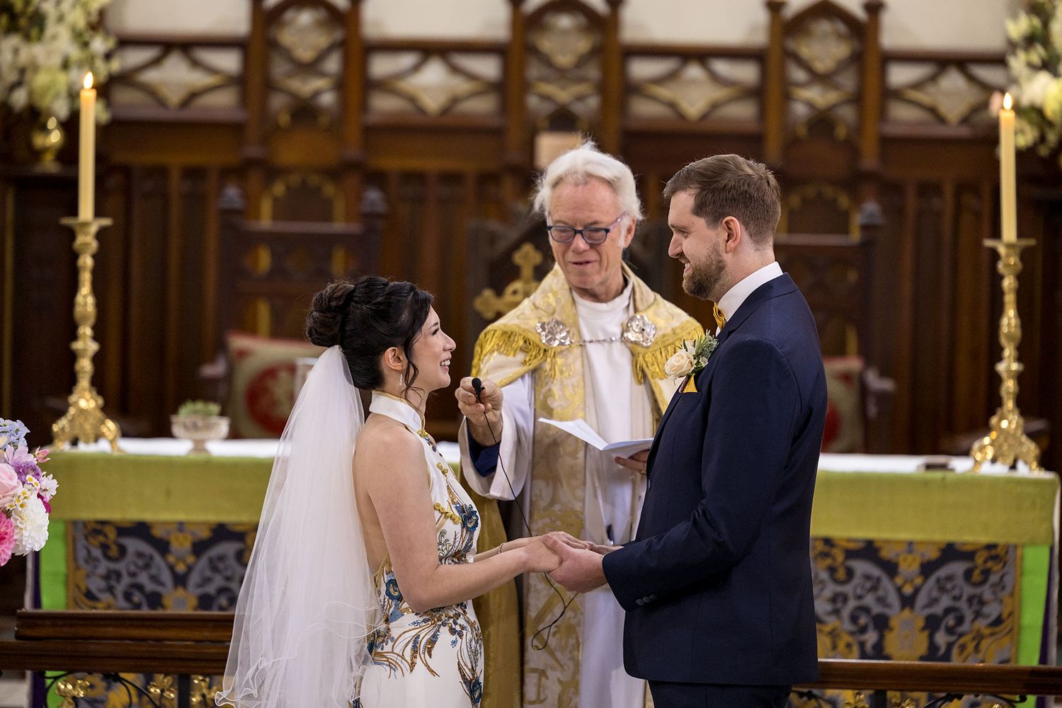 Bride and Groom share a moment during their wedding cermeony at St. Matthews Church in Albury. Photo by Jason Robins