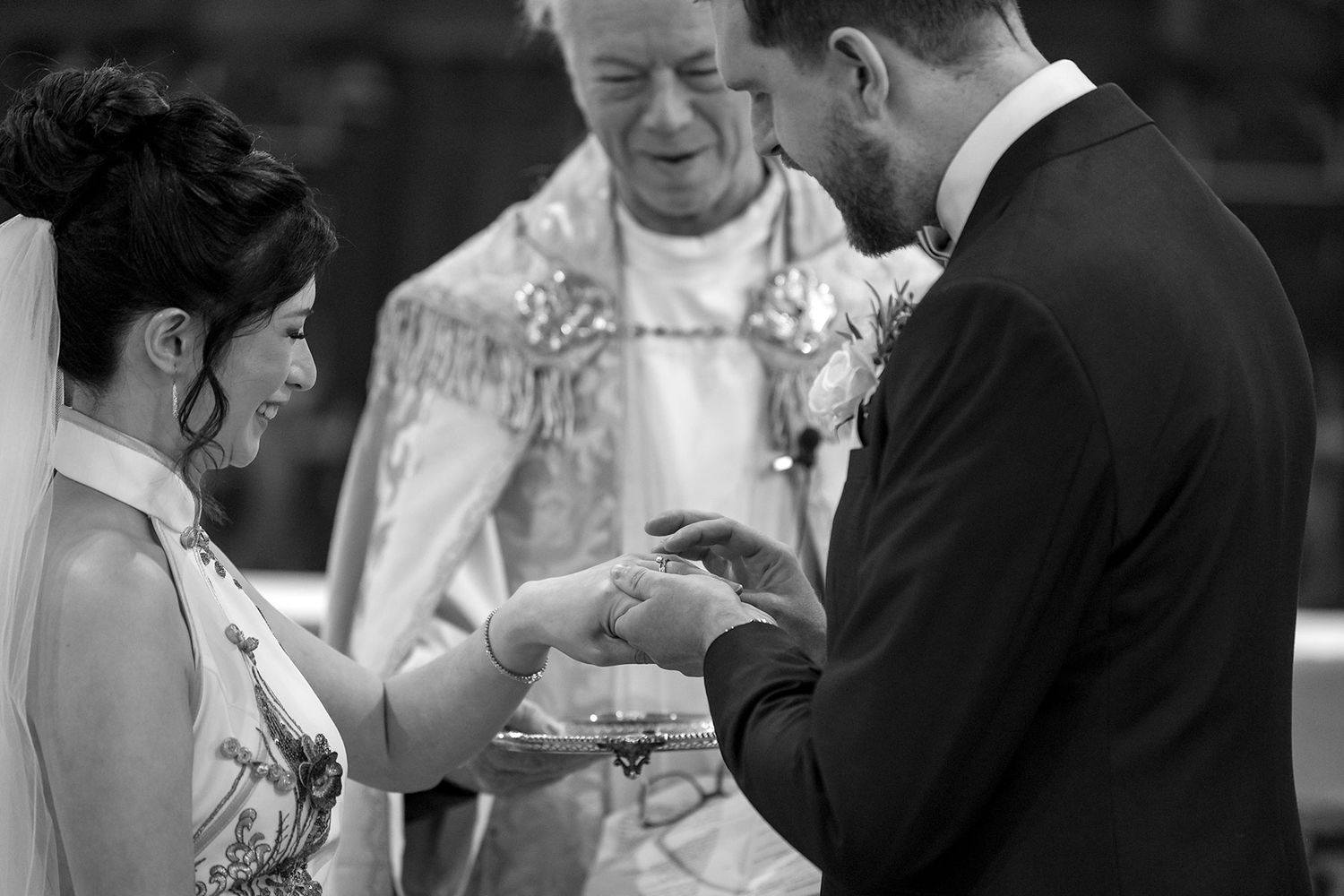 Bride and Groom share a moment during their wedding cermeony at St. Matthews Church in Albury. Photo by Jason Robins