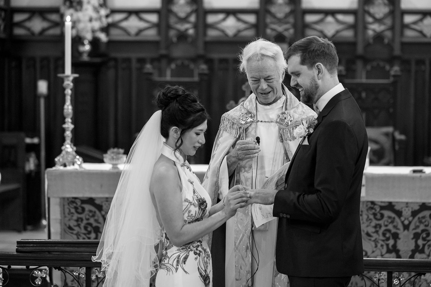 Bride and Groom share a moment during their wedding cermeony at St. Matthews Church in Albury. Photo by Jason Robins