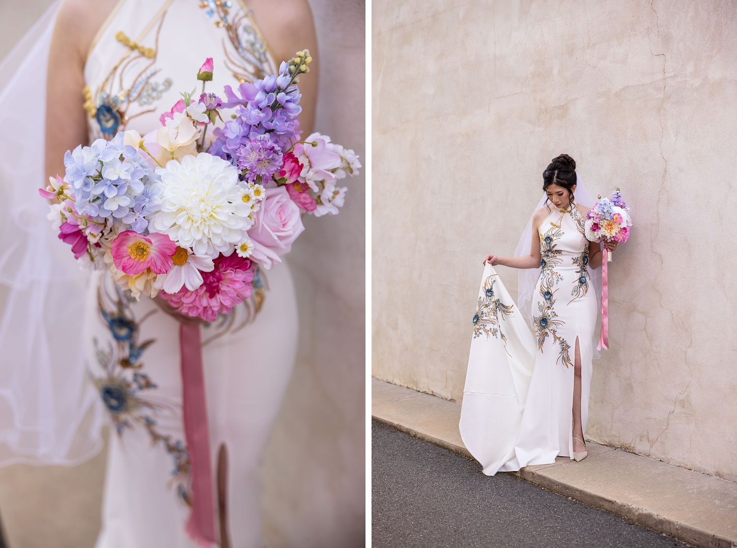 A portait of a Bride in her 'East meets Dress' wedding gown holding a brightly colored floral bouquet during wedding preparation in Albury.