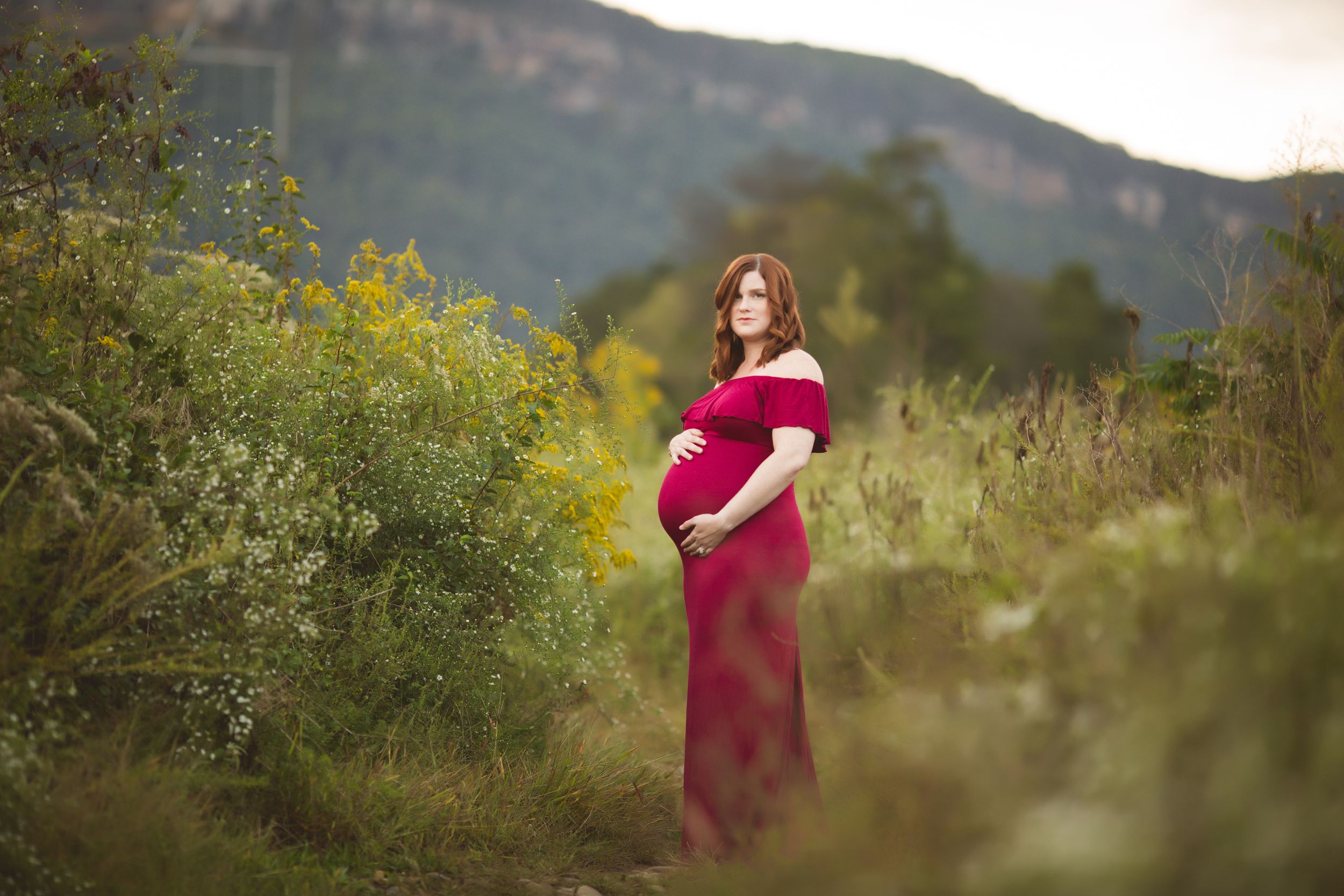 Maternity portrait taken in a wildflower field at golden hour by Urso Photography.