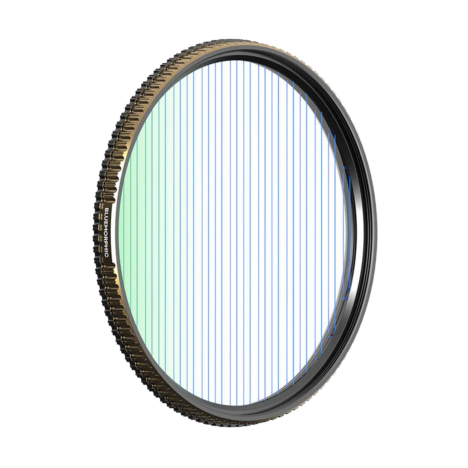 A circular camera lens filter with ridged edges and vertical lines visible through the glass surface.