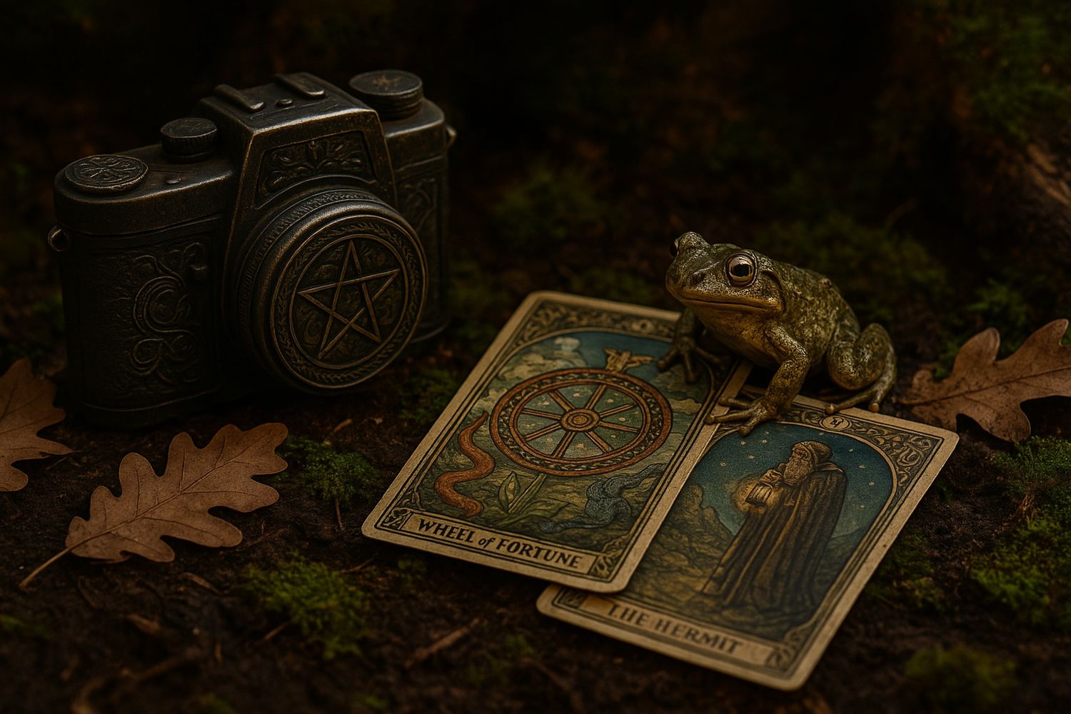 Vintage film camera with tarot cards and oak leaves on dark mossy ground in moody lighting.