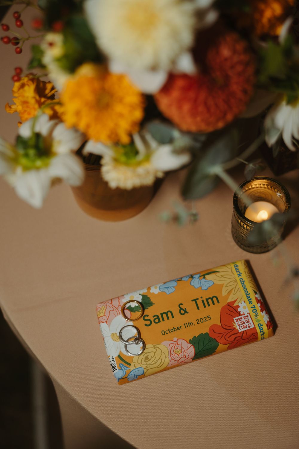 Wedding decorations featuring colorful flowers and personalized name cards on a table.