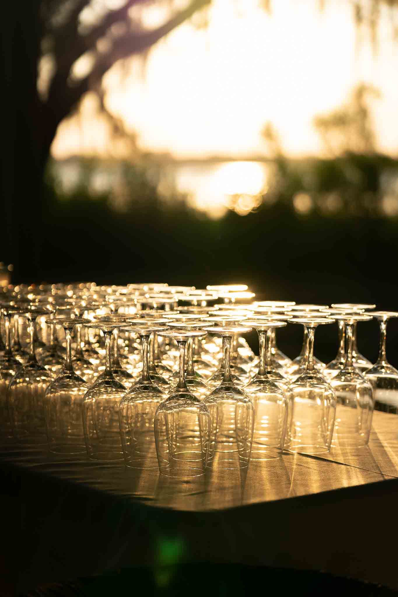 Detail shot of downturned glasses with golden hour sunlight streaming through