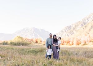 Mountain valley portrait with autumn colors and dramatic peaks in background.