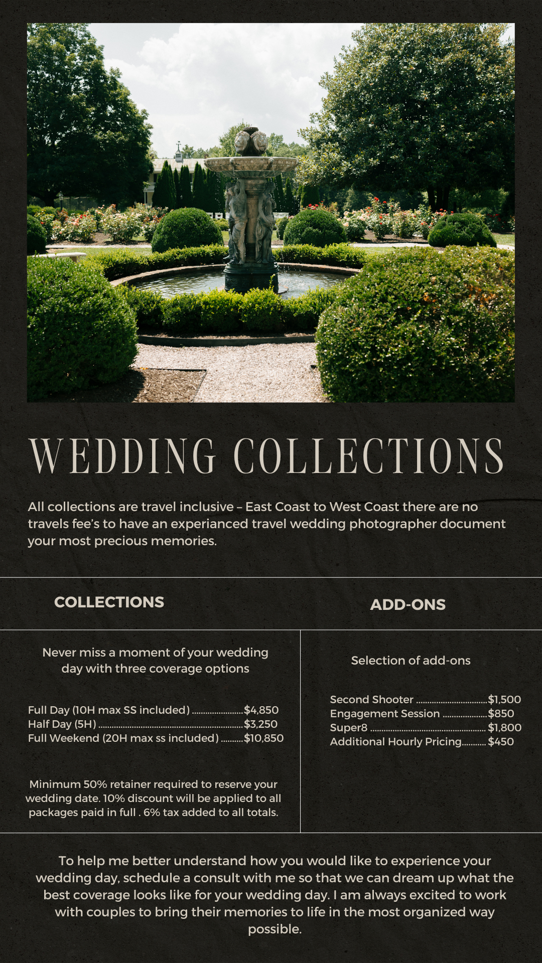 A black and white wedding photography pricing menu displays three collection tiers with packages ranging from $1800 to $3850.
