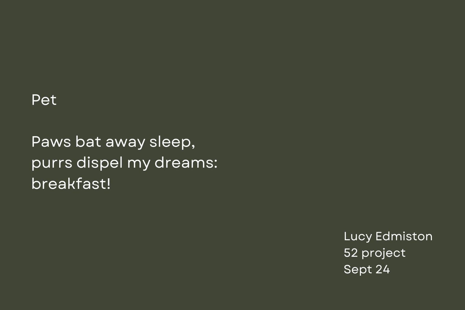 A pet-themed poem about paws and breakfast dreams shown on a dark green background.