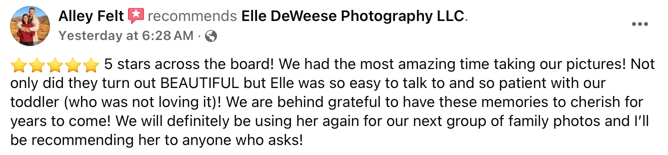 Positive social media review praising photography services with five star rating.