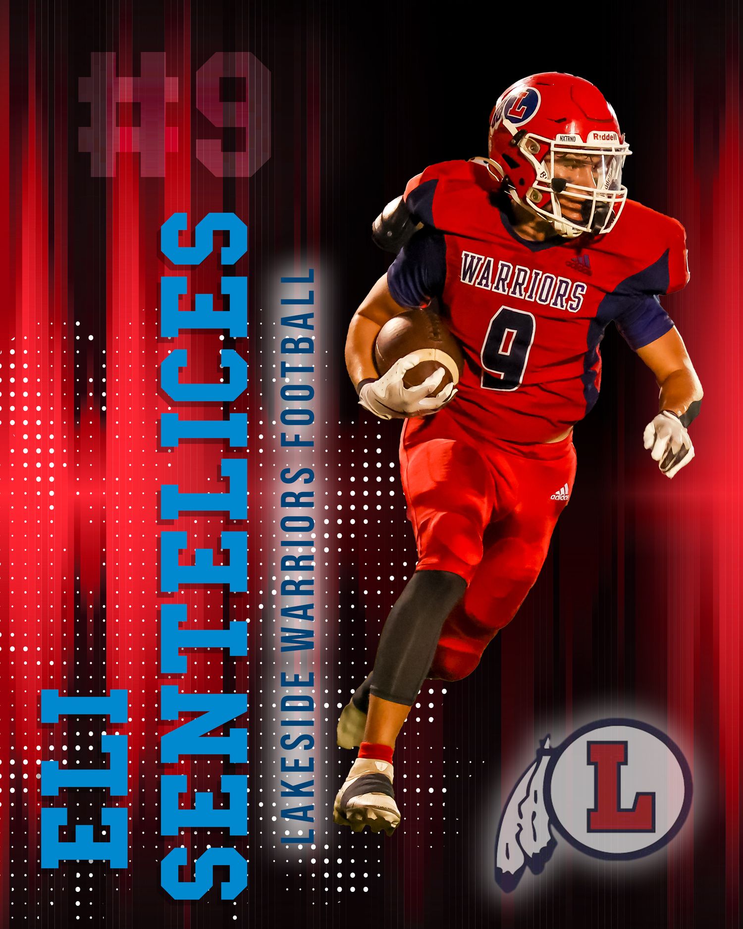 High school football player in red uniform with number 0 runs with ball against dark background with dramatic lighting effects.